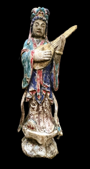 Colourful Chinese wooden statue of a figure of a guitar