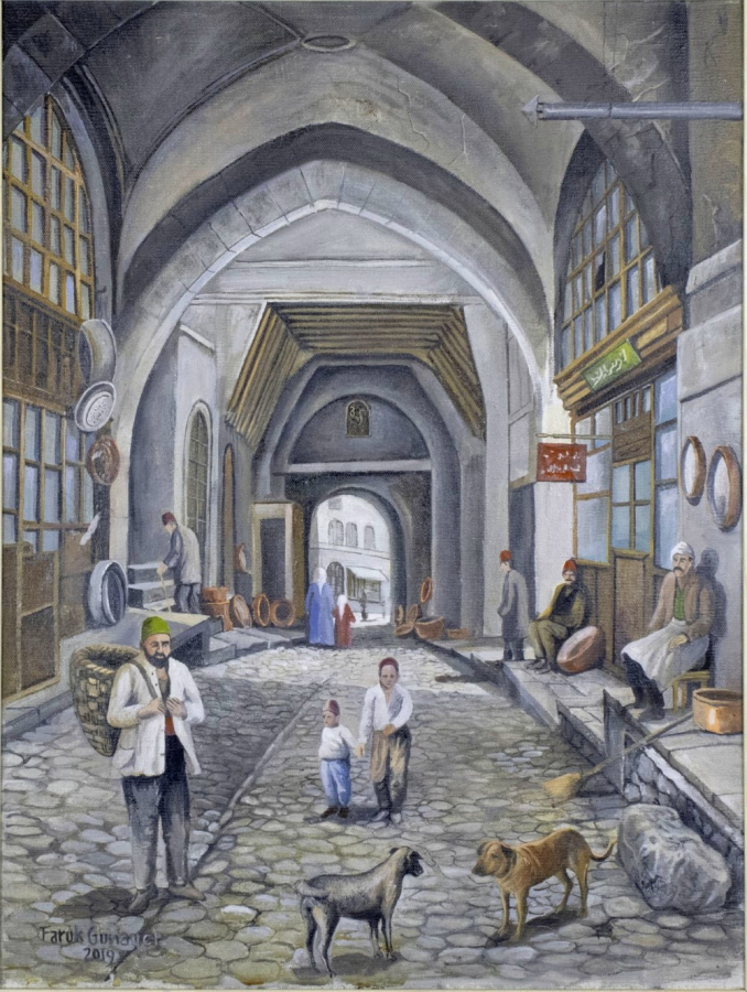 A painting of a Turkish market street