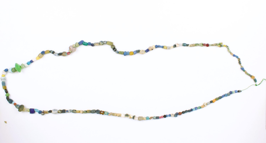 Long necklace of multi coloured beads of Venetian glass