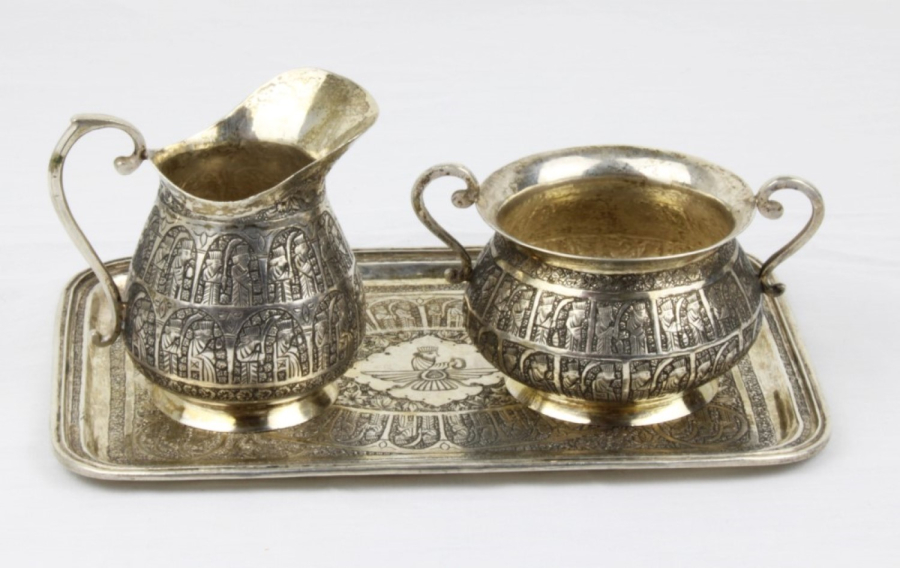 Silver, Ottoman milk and sugar set on a platter