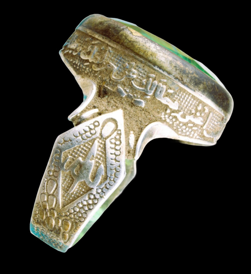Silver ring with green stone engraved with islamic script 