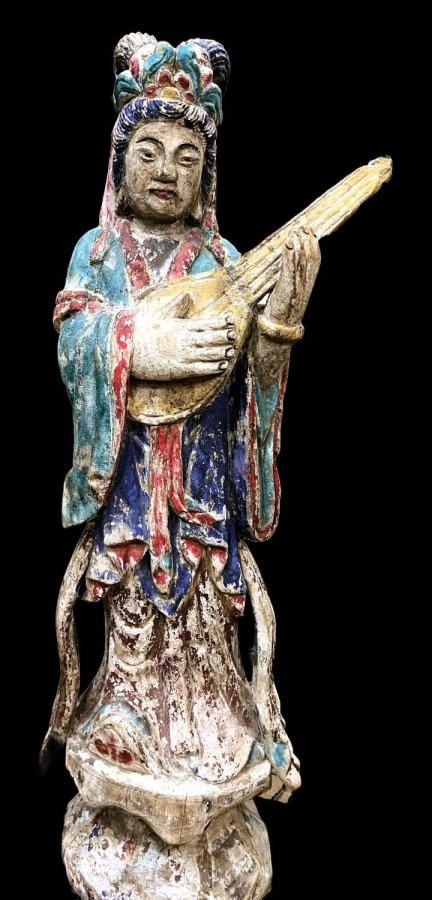 Colourful Chinese wooden statue of a figure of a guitar