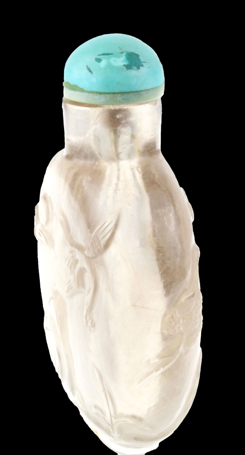 Milk white Chinese rock crystal snuff bottle with a turquoise cap